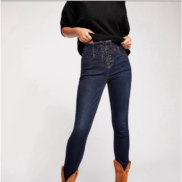Free People Crvy Lover's Knot Lace Up High Rise Skinny Jeans - Picture 4 of 6